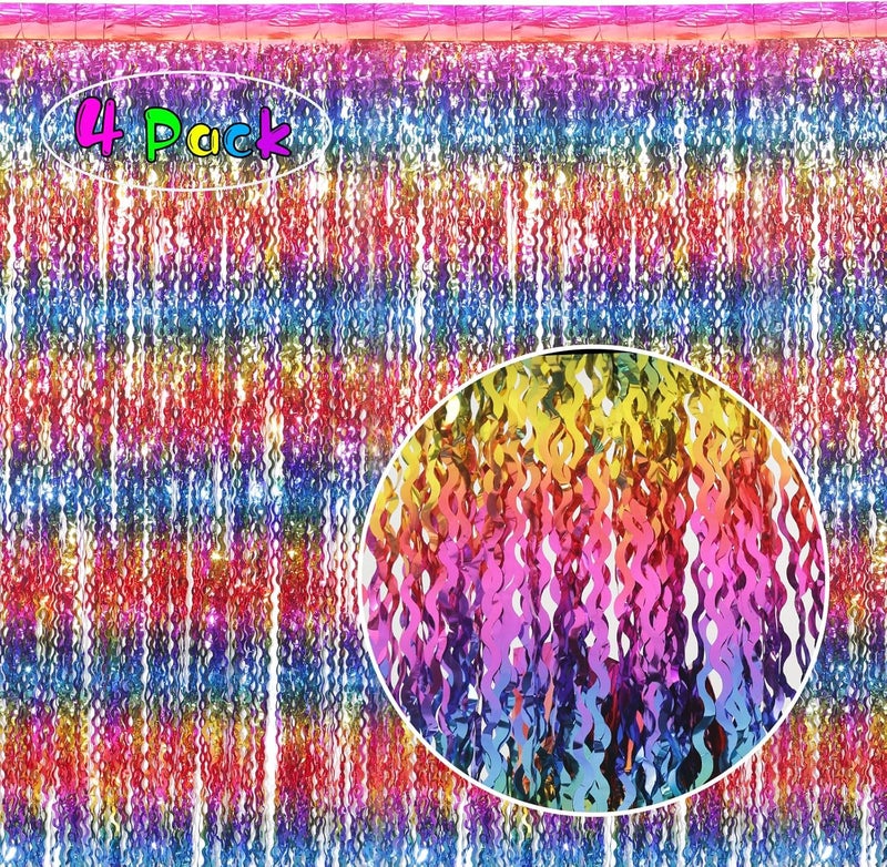 KEEUH 4 Pack Wavy Rainbow Foil Fringe Curtain | 3.3x6.6ft Colorful Tinsel Metallic Streamers Holiday Photo Booth Props Backdrop for Engagement Bridal Shower Unicorn Party Decorations - Image 2